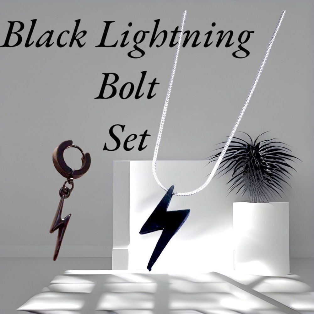 2-Piece Set l Men’s Black Lightening Bolt Necklace & Earring l Stainless Steel